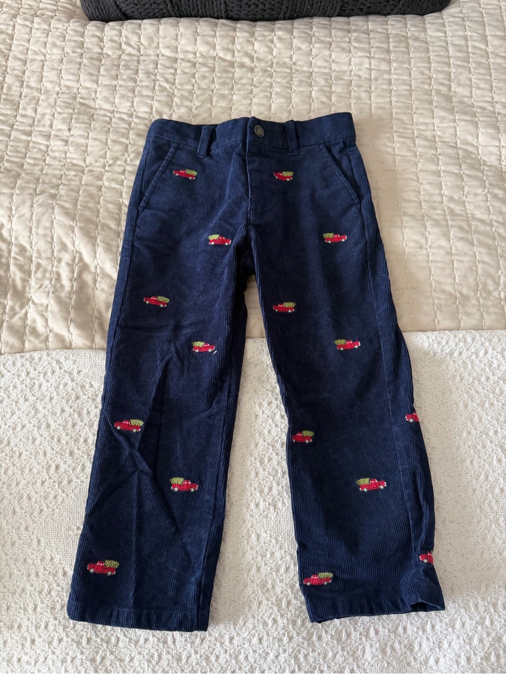 Kids Navy Corduroy Pants with Red Car Embroidery